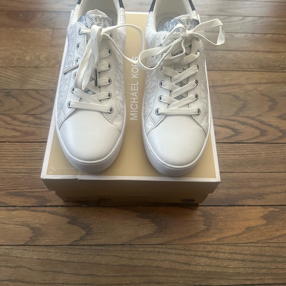 Michael Kors White and Silver Lace-Up Sneakers